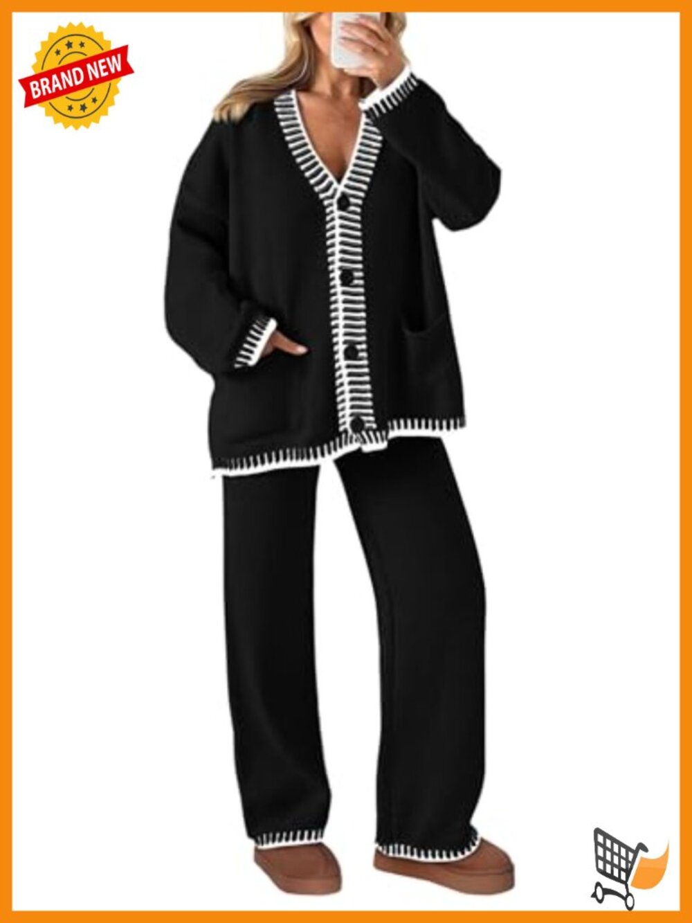 Womens 2 Piece Knit Sweater Lounge Set Button Cardigan Wide Leg Pants